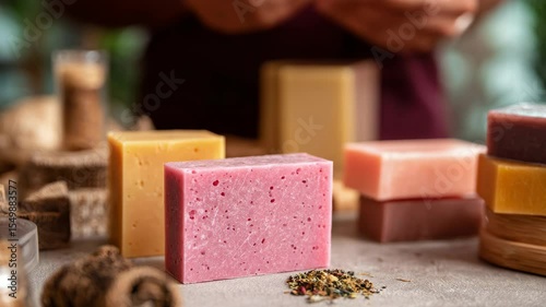 Handmade soaps of various colors and textures