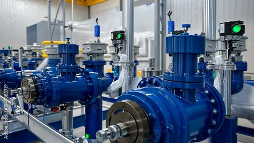 Close-up view of an industrial pipeline system with blue valves in a processing plant