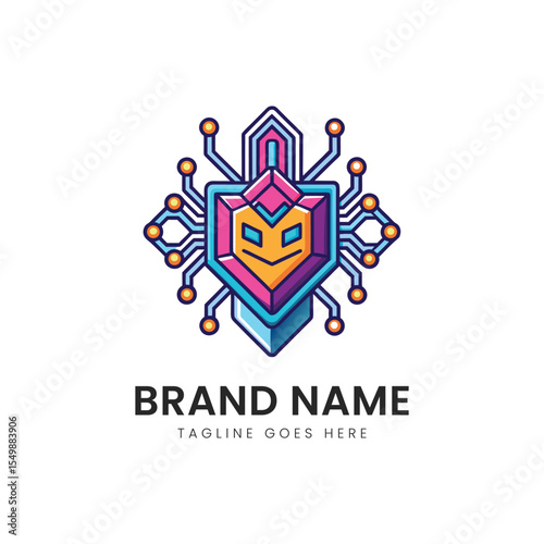 A vibrant, colorful tech-inspired logo featuring a stylized shield and a happy face, symbolizing protection and innovation in technology.