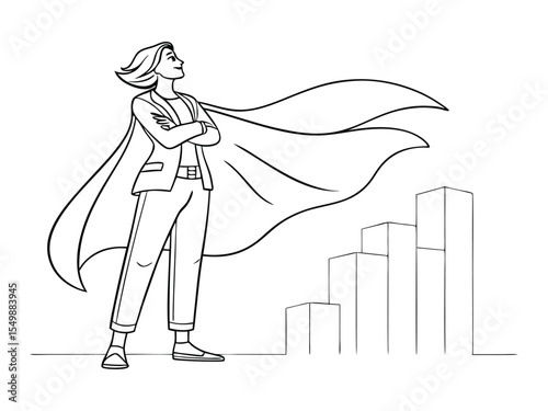 Business superwoman concept line drawing hand-drawn illustration. Single one line drawing super businesswoman punches pose