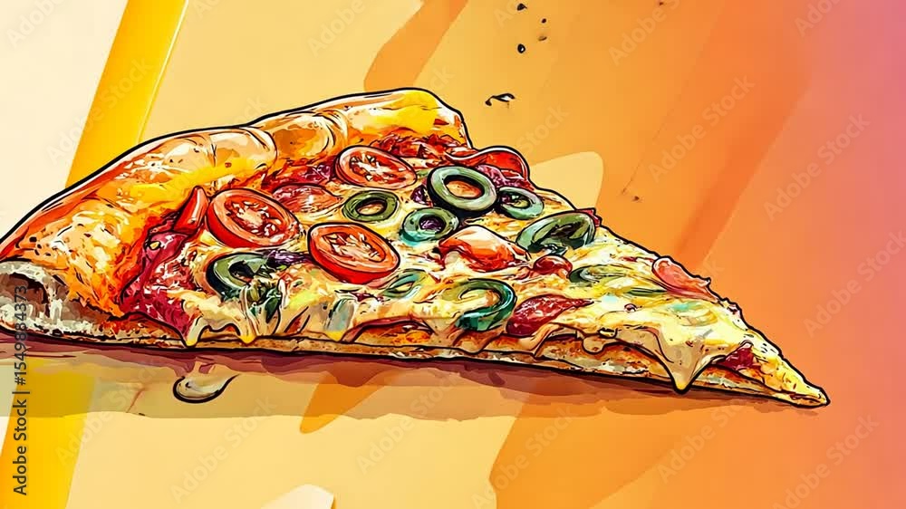 Captivating pizza slice with vibrant toppings and melting cheese illustration video