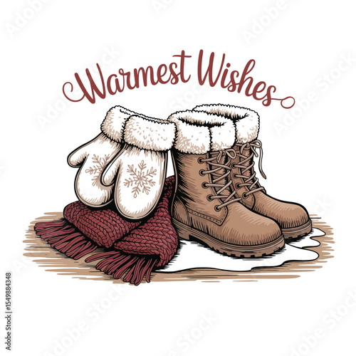 Cozy winter accessories stack with mittens scarf and boots in line art doodle