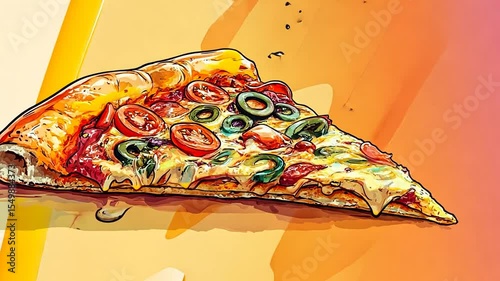 Captivating pizza slice with vibrant toppings and melting cheese illustration video