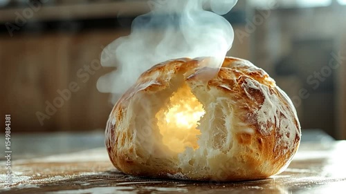 Steaming Fresh Bread: Close-Up of Artisan Loaf on Wooden Surface with Rising Steam