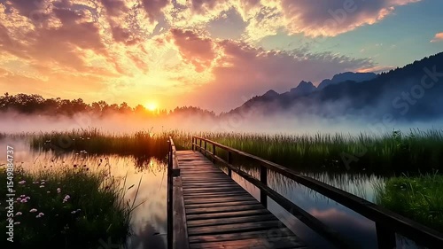 Misty Sunrise over Serene Lake with Wooden Dock