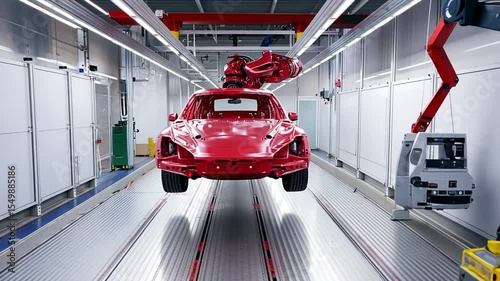 Automated robotic arm working on the chassis of a car inside a factory, automotive production