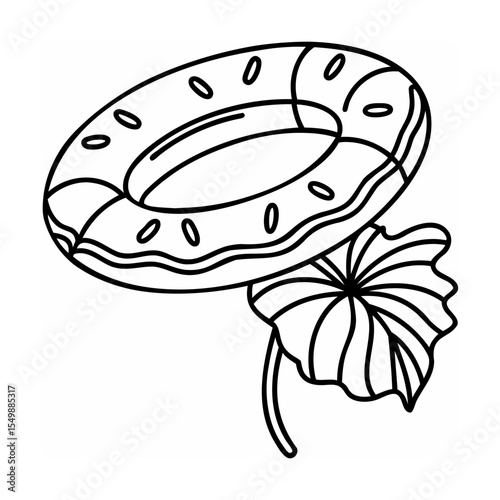 Black and White Line Drawing of Inflatable Ring and Leaf