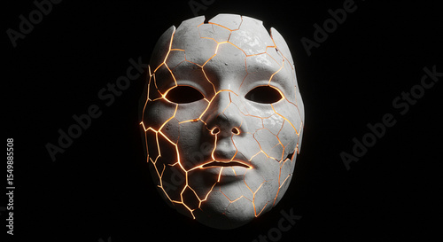 Cracked Stone Mask with Glowing Golden Light.
A white cracked mask with glowing golden light seeping through the fractures, on a dark background.
