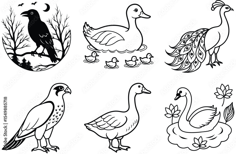 Obraz premium A versatile set of vector bird illustrations, featuring charming cartoon designs of various farm animals like chickens, ducks, geese, and doves, perfect for nature-inspired patterns or icons