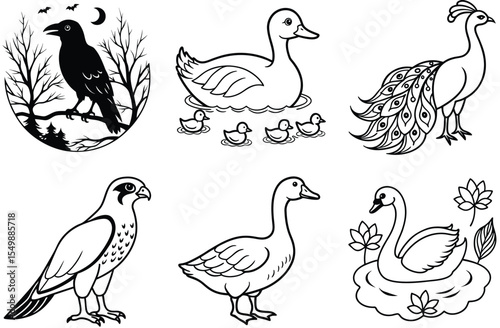 A versatile set of vector bird illustrations, featuring charming cartoon designs of various farm animals like chickens, ducks, geese, and doves, perfect for nature-inspired patterns or icons