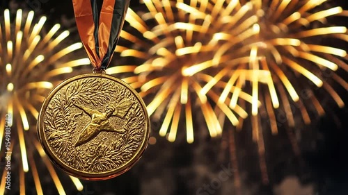 Golden achievement emblem illuminated by festive bursts of firework artistry
