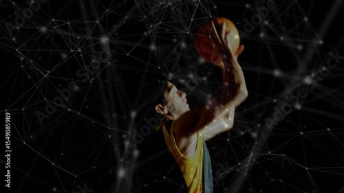 Basketball player bending knees to initiate dribble, driving grid highlighting dunk in tech demo