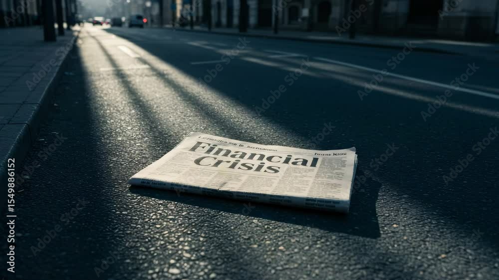 Newspaper about financial crisis lying on asphalt road in sunlight  