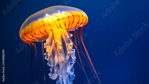 Elegant jellyfish gracefully dances in ocean current, illuminating the deep blue sea