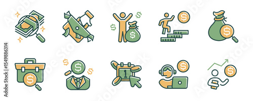 financial employee salary working paycheck icon line set earning income money bag dollar billfold work payment signs vector outline magnifier search for money symbol illustration
