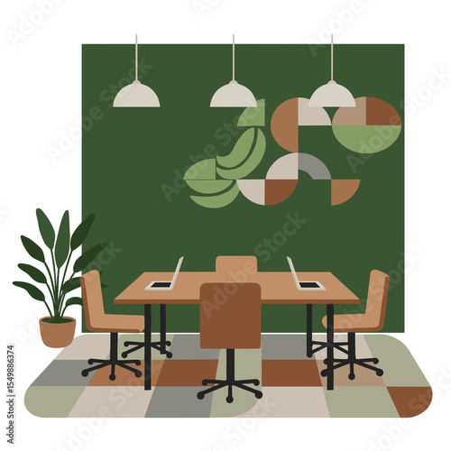 Coworking meeting room with laptops and wall art vector illustration