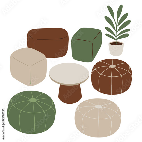 Poufs and side table set in startup lounge vector scene
