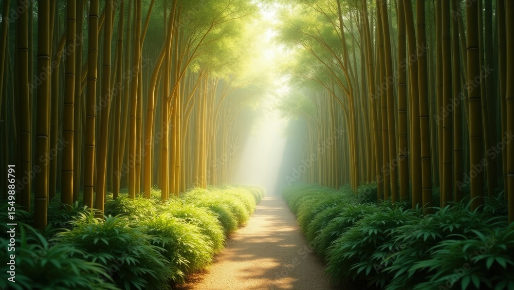 Fototapeta premium Sunlight streams through a dense bamboo forest illuminating a winding path lined with lush green foliage