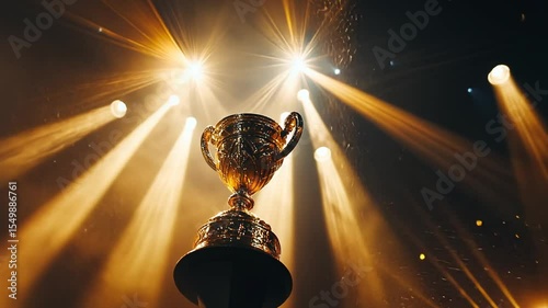 Illuminated golden trophy with dynamic light rays and floating confetti celebration