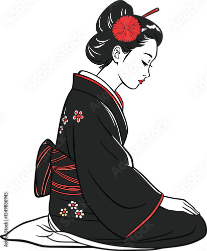 Tranquil Japanese Geisha Illustration Elegant Seated Pose in Kimono with Intricate Red Embroidery Peaceful Expression
