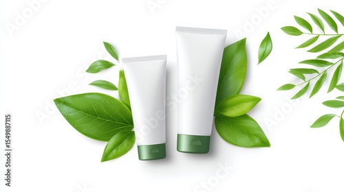 Wallpaper Mural Two white cosmetic tubes surrounded by green leaves on a white background, symbolizing natural and eco-friendly skincare products. Torontodigital.ca