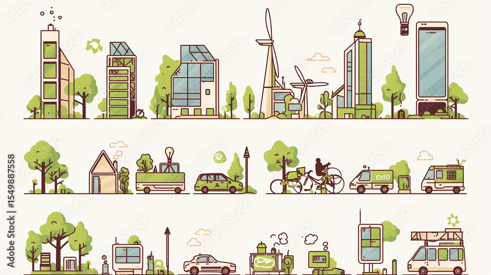 Obraz premium Flat vector icon set of futuristic eco-smart city elements like solar buildings, AI waste systems, EV hubs, and rooftop gardens in modern outline style with green-blue tones, transparent background