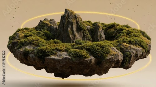 Floating island with moss-covered rocks