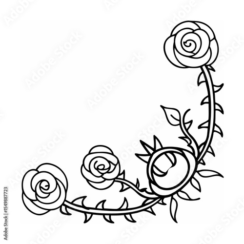 Black and White Rose Vine Corner Design Three Roses Thorns Leaves
