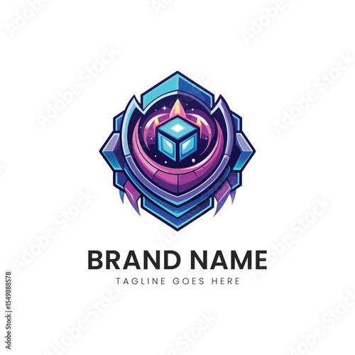 A vibrant, futuristic logo design featuring a cubic shape surrounded by a colorful shield, incorporating shades of blue and purple in a captivating, modern style.