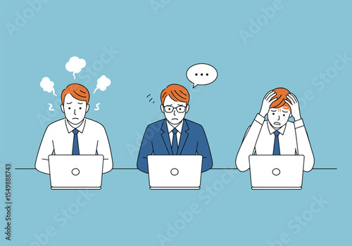 Stressed Business Team: Professionals Struggling with Workload at Laptop