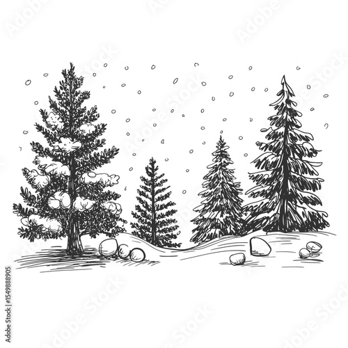 Pine trees in snowfall captured in sketch style black and white