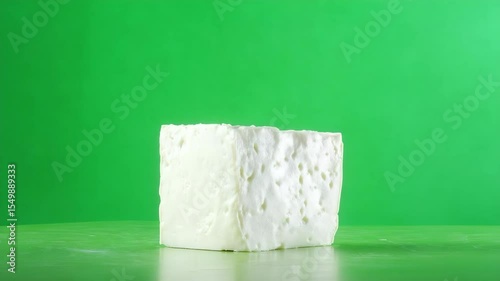 Block of white cheese against green background