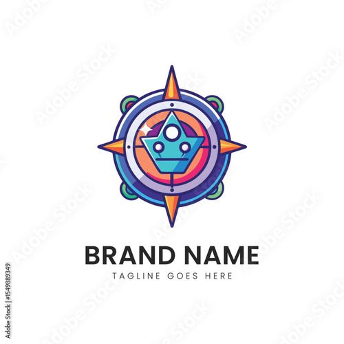 A vibrant and modern logo design featuring a geometric crown within a compass, showcasing a dynamic interplay of colors and shapes.
