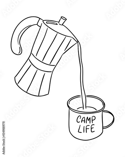 Moka pot pouring coffee into a metal mug with the phrase Camp life in a clean line art style. Symbolizes outdoor relaxation, morning ritual, and the joy of camping
