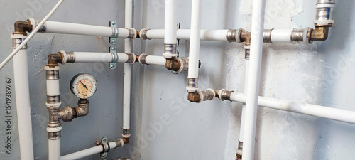 Efficient home plumbing concept: interior water pressure system with PVC piping, metal fittings, and pressure gauge.