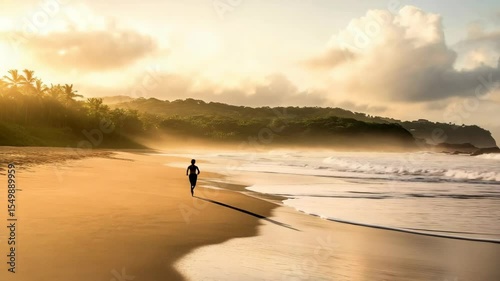 Person walking on a beach at sunrise