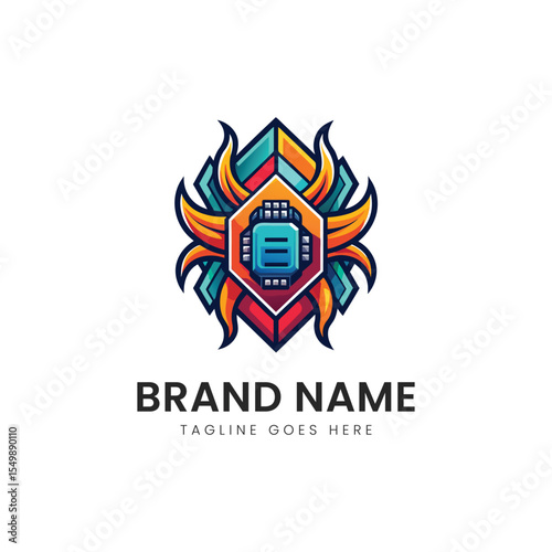 An intricate, colorful logo design featuring a central microchip surrounded by vibrant, stylized flames. Perfect for tech or innovation-focused branding.