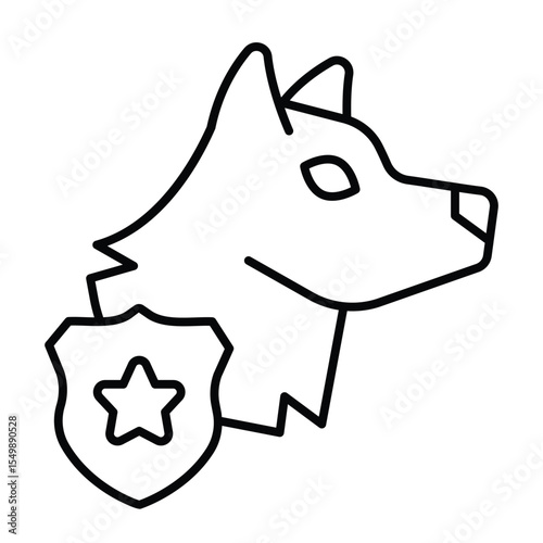 Search dog with police badge thin line icon, law enforcement concept. Vector graphics. Dog with safety emblem, pet animal sign on white background, style mobile or design.