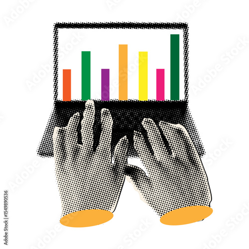Laptop with business growth chart on screen and halftone hands typing, cut out elements for collage ,business ,success strategy