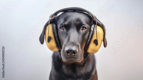 Close-up of cute labrador dog listening to music with yellow headphones. Unique and attractive image, suitable for pet industry or humorous content.
