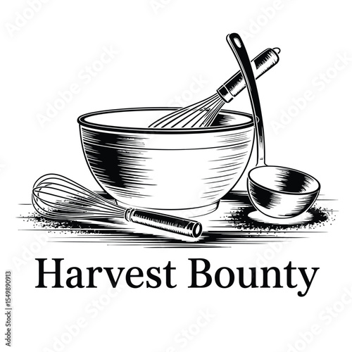 Thanksgiving cooking tools including whisk bowl and ladle in black and white vector
