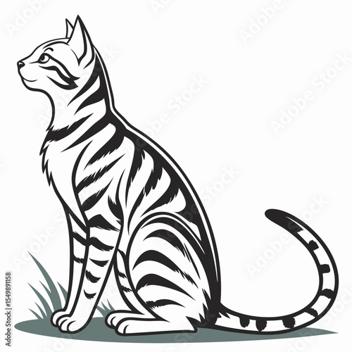 Silver Bengal cat sitting with sleek striped vector design