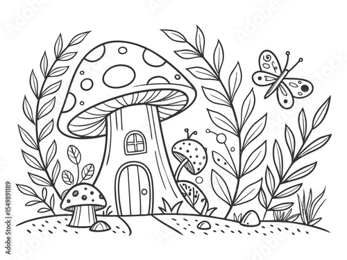 Adults clearing in the forest, fairytale forest cute pictures trees hemp, graphic illustration hand-drawn sketch print antistress
