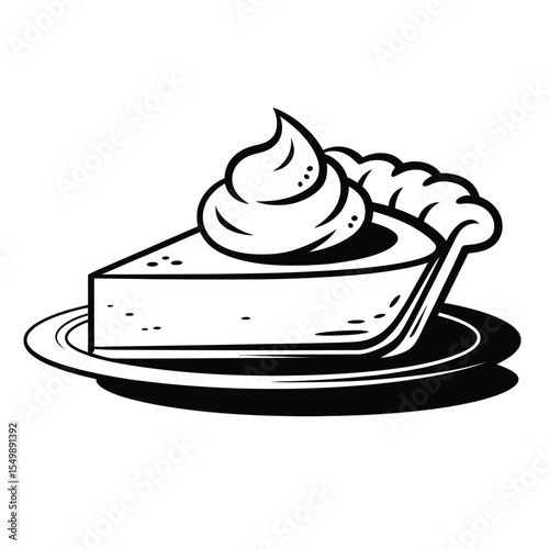 Thanksgiving pie slice with whipped cream in black and white vector