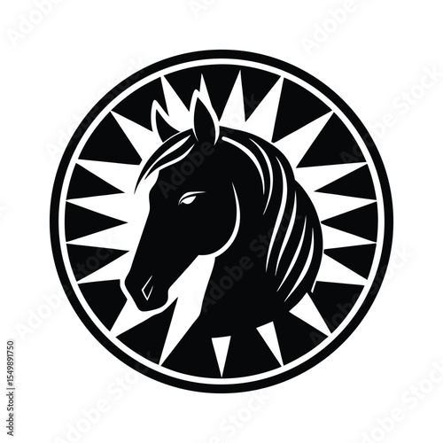 Silhouette art illustration of a Belgian Draft horse face inside a stylized sunburst circle.eps