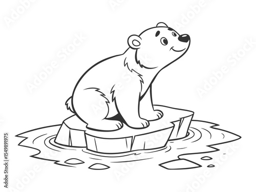 Adorable Polar Bear Cub Sitting on a Rock. Cute polar bear cub sitting on ice floe in black and white