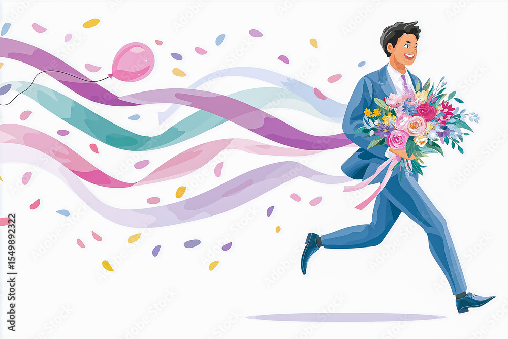 Obraz premium Male figure with brown hair is running joyfully, holding a bouquet and balloons, surrounded by a lively cityscape, conveying a festive atmosphere