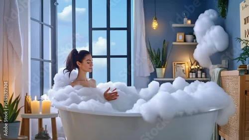 Woman enjoying a relaxing bath filled with bubbles