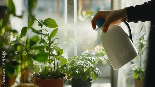 Watering houseplants by window