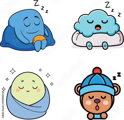 Cute Sleepy Emotion Cartoon Set – Flat Vector Yawning Faces